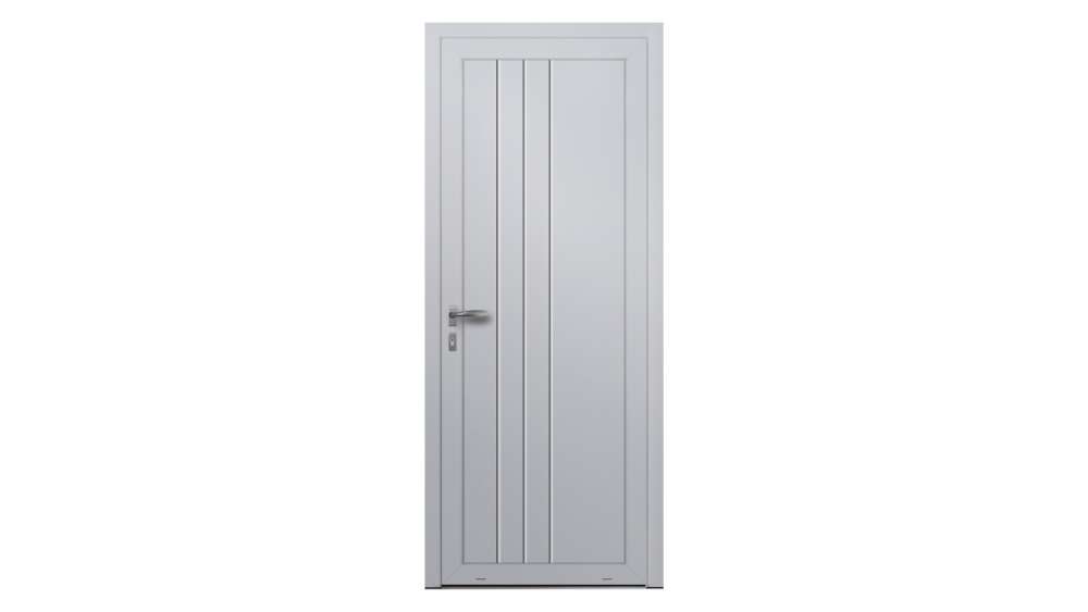 Porte d'entrée PVC parclosé VOLGA Porte d'entrée pleine blanche avec des décors traits horizontaux
